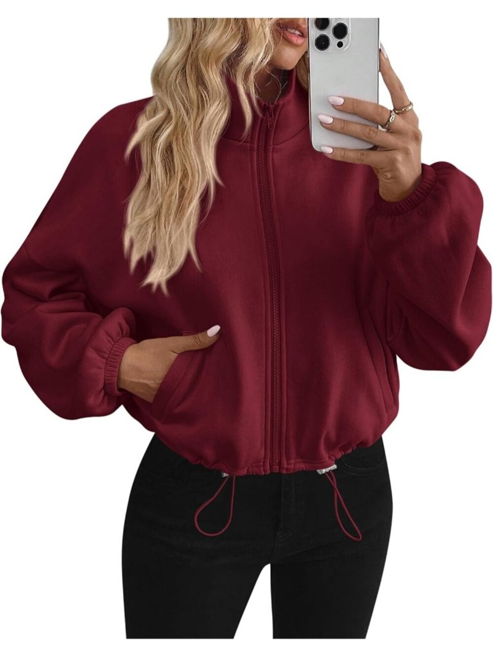 Women's Burgundy Long Sleeve Mock Neck ZIP Up Cropped Jacket Fleece Sweatshirt
